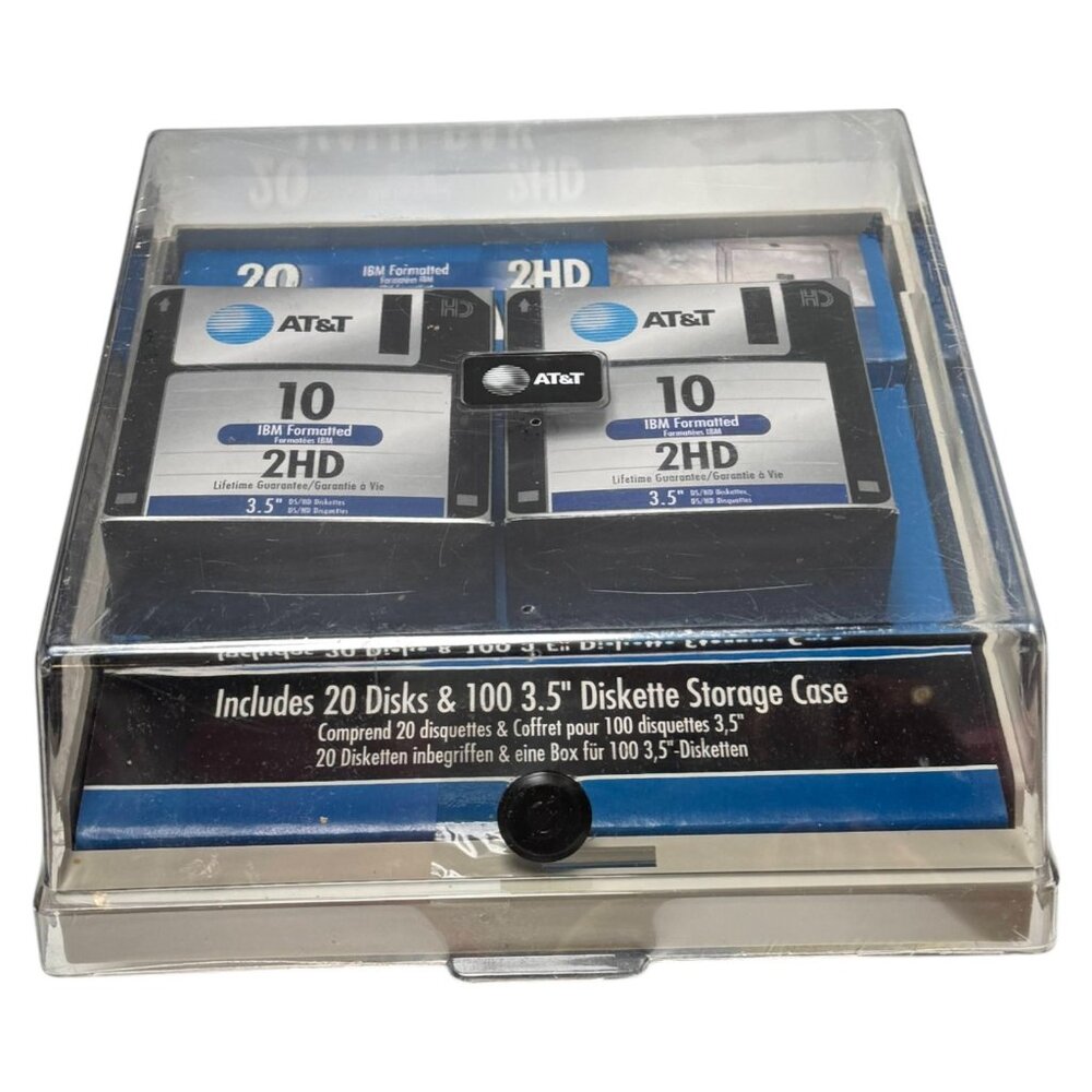 AT&T Floppy 3.5 Inch Disk Storage Case Plastic with 20 Diskettes New Sealed